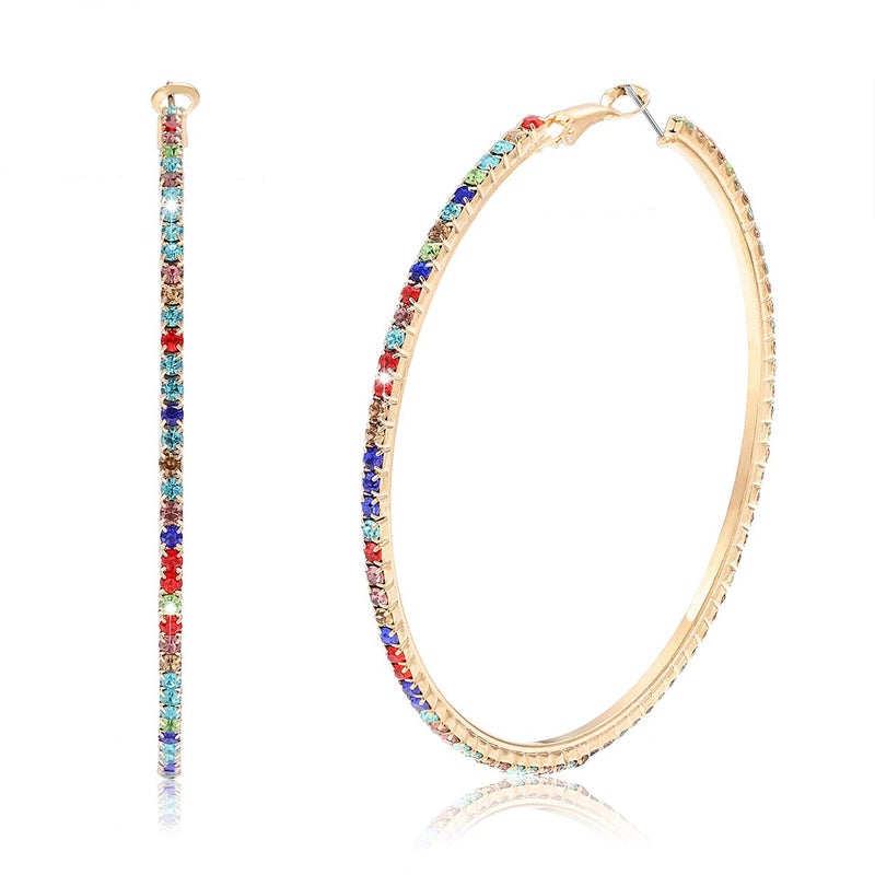 BSJELL Hoop Earrings for Women Large Rhinestone Dazzling Earrings Big Colorful Circle Dangle Hoops (Colourful) - Image 1